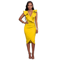 Best Selling New Solid Color Sexy V-neck Ruffled Sleeveless Woman Dress