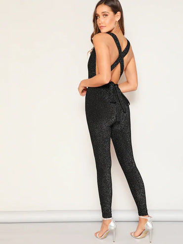 Deep V-Neck Criss Cross Backless Glitter Jumpsuit