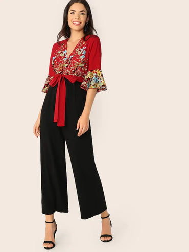 Flounce Sleeve Wrap Tie Front Combo Wide Leg Jumpsuit
