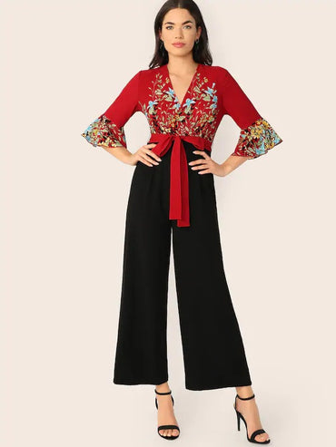Flounce Sleeve Wrap Tie Front Combo Wide Leg Jumpsuit