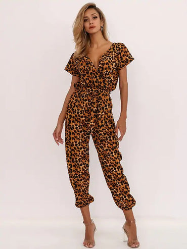 Joyfunear Deep V Neck Belted Leopard Jumpsuit