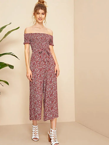 Off-Shoulder Ditsy Floral Shirred Jumpsuit