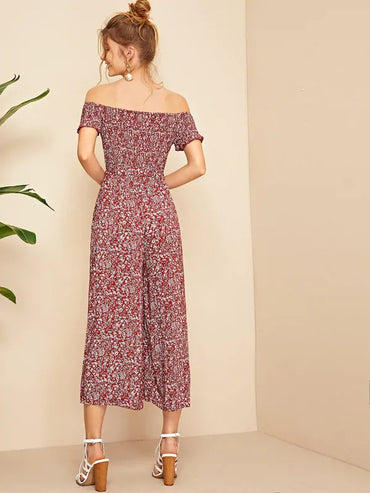 Off-Shoulder Ditsy Floral Shirred Jumpsuit