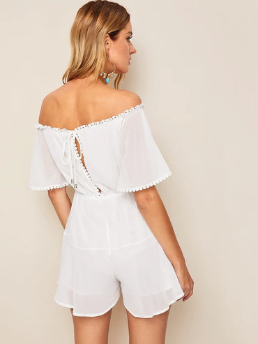 Off Shoulder Knot Contrast Lace Romper