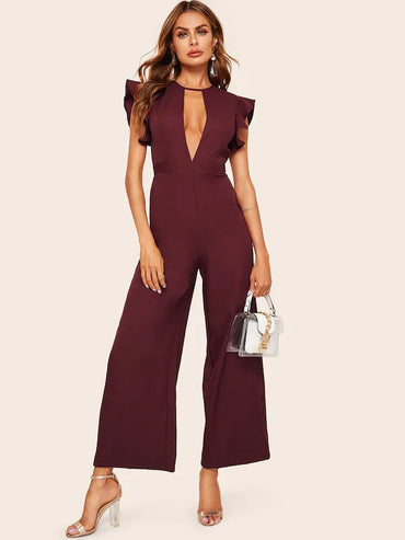 Plunge Neck Ruffle Trim Wide Leg Jumpsuit