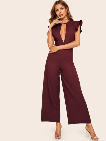 Plunge Neck Ruffle Trim Wide Leg Jumpsuit