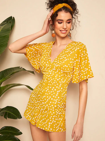 Polka-Dot Flutter Sleeve Surplice Neck Romper
