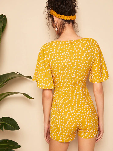 Polka-Dot Flutter Sleeve Surplice Neck Romper