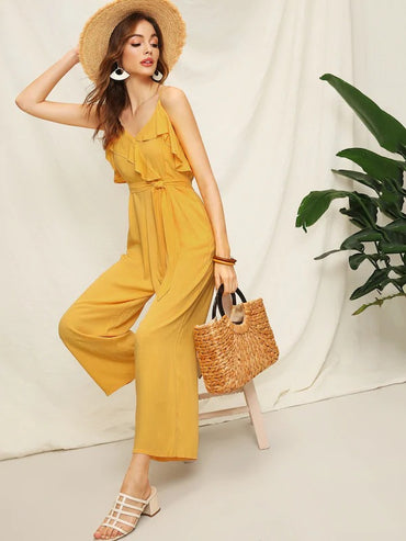 Ruffle Trim Self Tie Cami Jumpsuit