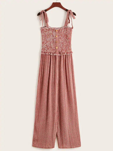 Tie Strap Buttoned Front Shirred Bodice Striped Jumpsuit