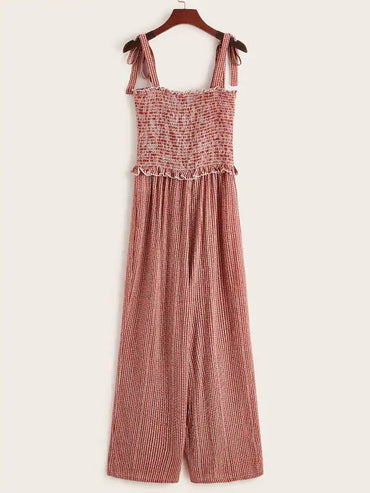 Tie Strap Buttoned Front Shirred Bodice Striped Jumpsuit