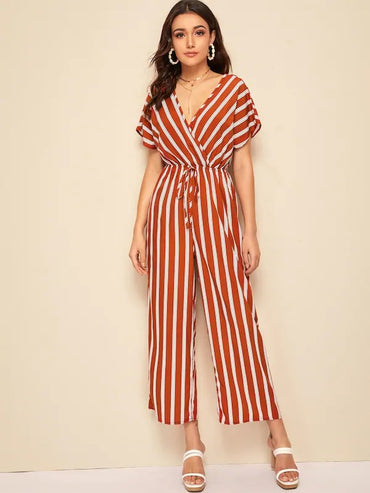 Wrap Surplice Tie Front Striped Jumpsuit