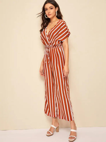 Wrap Surplice Tie Front Striped Jumpsuit