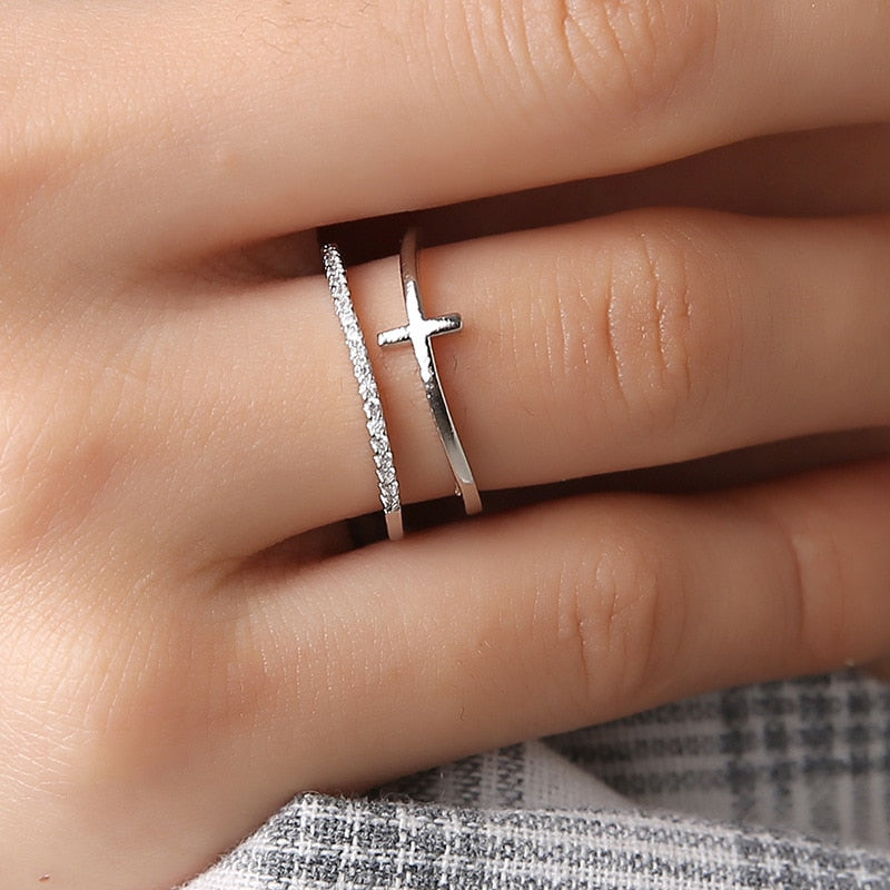 New Minimalist Rose Gold Cross Ring Simple Multi Layer