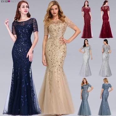 Women Prom Dress Short Sleeve Lace Appliques Tulle Mermaid Long Dress Party Gowns
