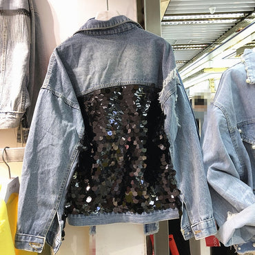 Spring New Womens Vintage Denim Coats Outwear Girls Sequins Long Sleeve