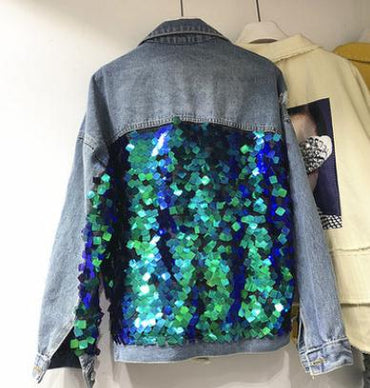 Spring New Womens Vintage Denim Coats Outwear Girls Sequins Long Sleeve
