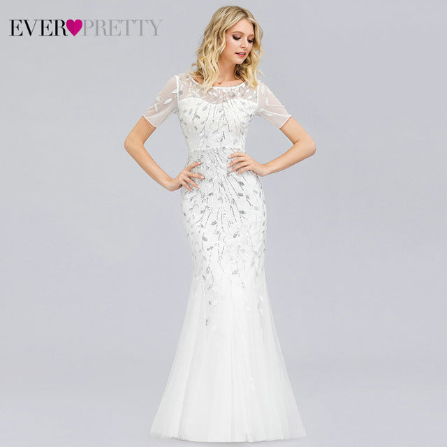Women Prom Dress Short Sleeve Lace Appliques Tulle Mermaid Long Dress Party Gowns