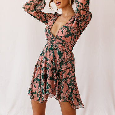 Romantic Floral Chiffon Going Out Short Sexy V Neck Boho Chic Dress