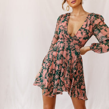 Romantic Floral Chiffon Going Out Short Sexy V Neck Boho Chic Dress