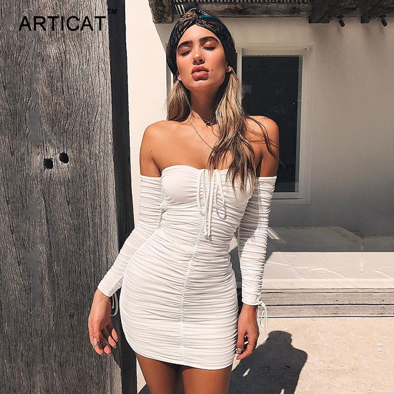 Women Autumn Winter Bandage Dress Sexy Off Shoulder Long Sleeve Slim Elastic
