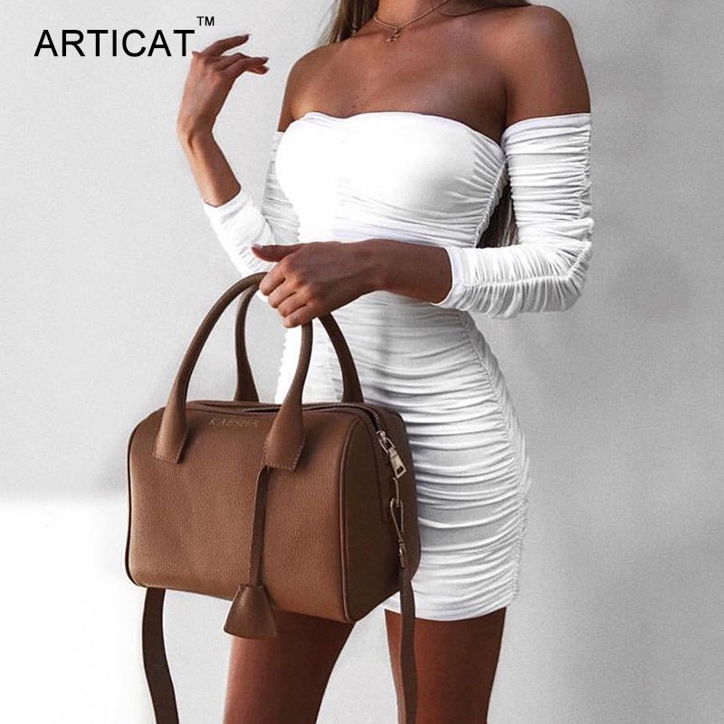 Women Autumn Winter Bandage Dress Sexy Off Shoulder Long Sleeve Slim Elastic