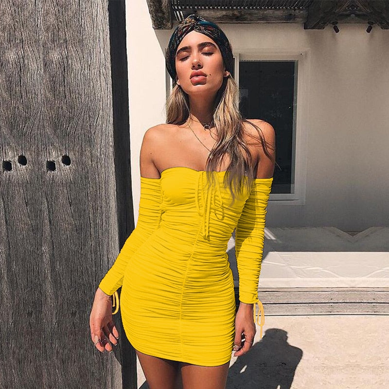 Women Autumn Winter Bandage Dress Sexy Off Shoulder Long Sleeve Slim Elastic