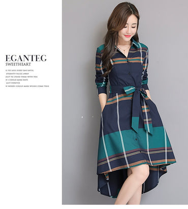 Autumn Elegant Asymmetrical Hem Dress Bodycon Long Sleeve Turn-down Collar Party Plaid Dress