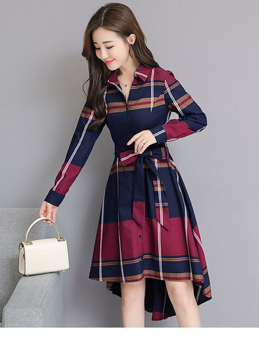 Autumn Elegant Asymmetrical Hem Dress Bodycon Long Sleeve Turn-down Collar Party Plaid Dress