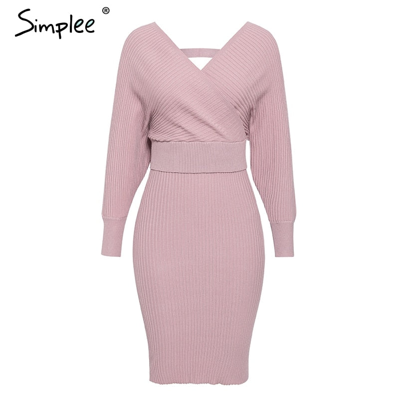 Sexy v-neck women knitted sweater dress
