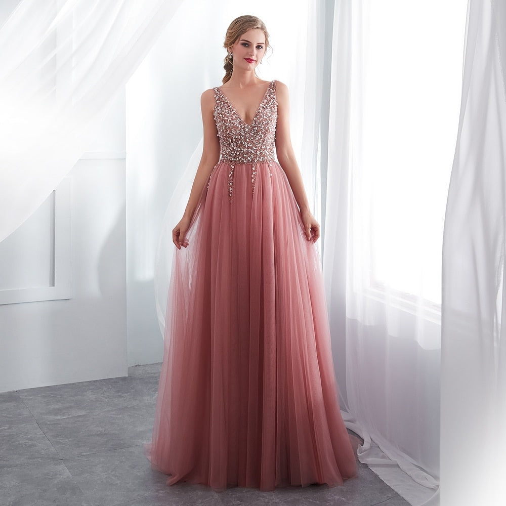 Beading Prom Dress V Neck High Split Tulle Sweep Train Sleeveless Evening Gown