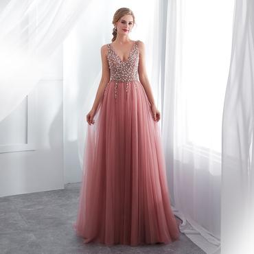 Beading Prom Dress V Neck High Split Tulle Sweep Train Sleeveless Evening Gown