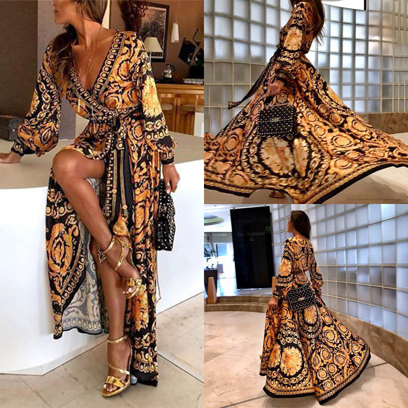 New Style Fashion Elegant Women Sexy Boat Neck Glitter Deep V Neck Print Party Dress