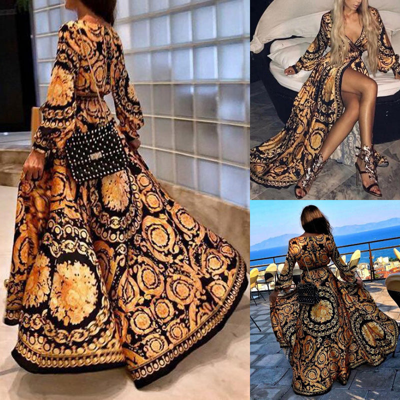 New Style Fashion Elegant Women Sexy Boat Neck Glitter Deep V Neck Print Party Dress
