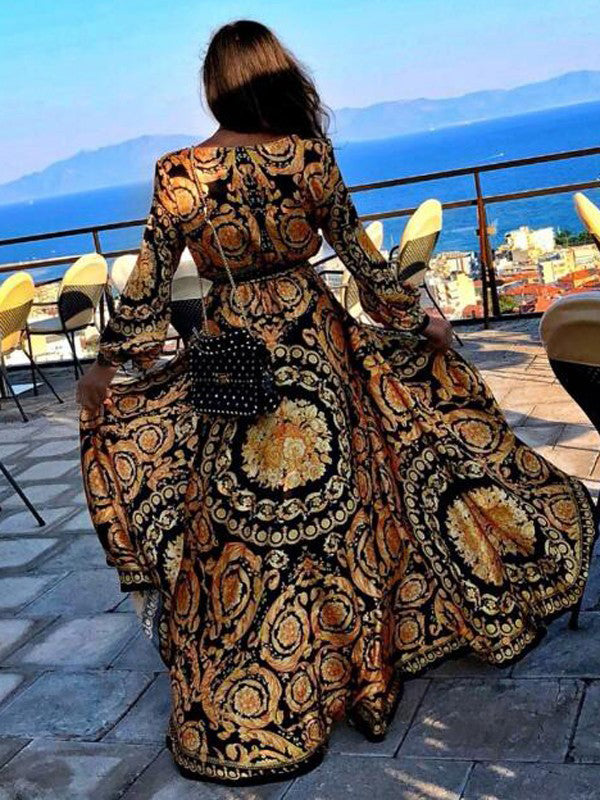 New Style Fashion Elegant Women Sexy Boat Neck Glitter Deep V Neck Print Party Dress