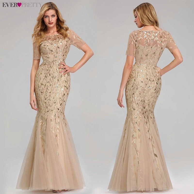 Women Prom Dress Short Sleeve Lace Appliques Tulle Mermaid Long Dress Party Gowns
