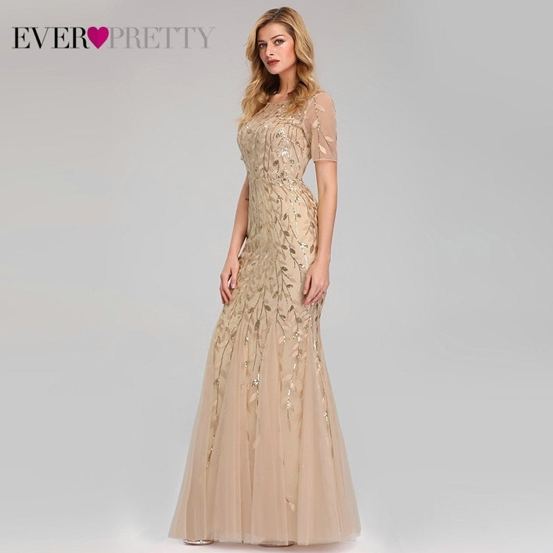 Women Prom Dress Short Sleeve Lace Appliques Tulle Mermaid Long Dress Party Gowns