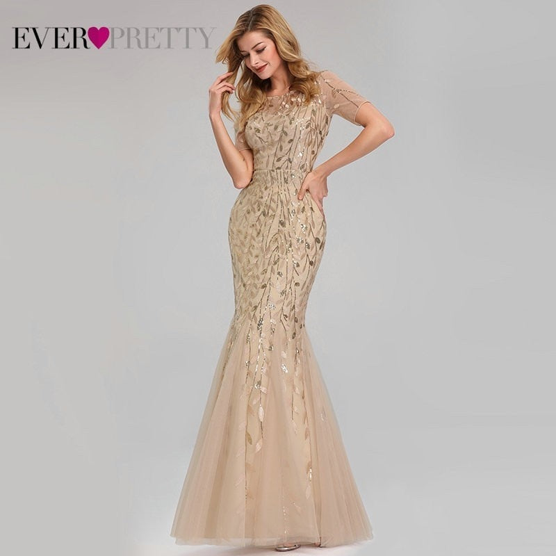 Women Prom Dress Short Sleeve Lace Appliques Tulle Mermaid Long Dress Party Gowns