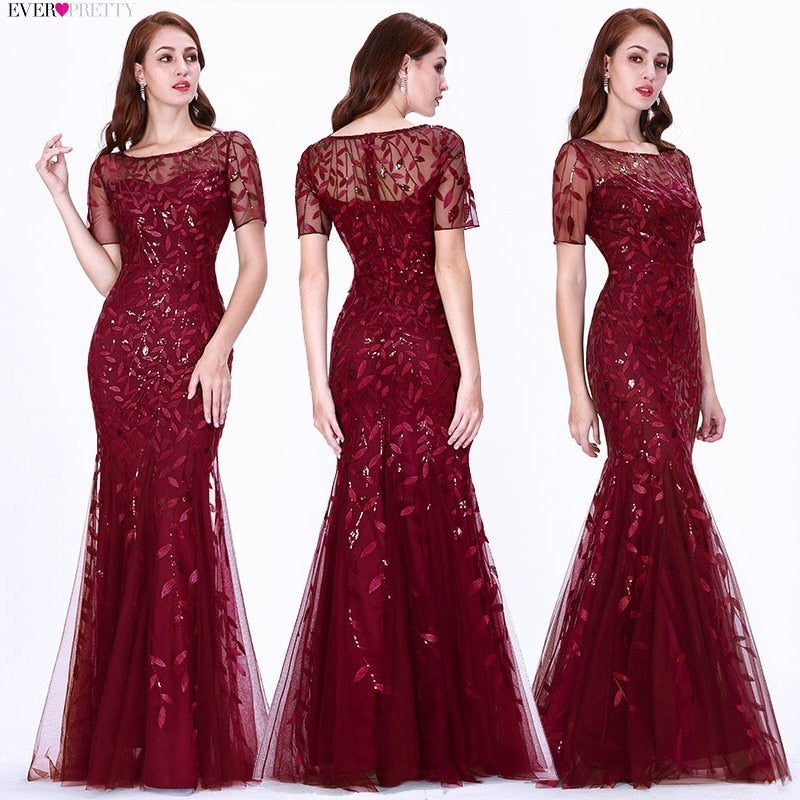 Women Prom Dress Short Sleeve Lace Appliques Tulle Mermaid Long Dress Party Gowns