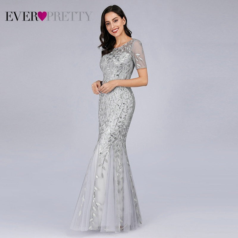 Women Prom Dress Short Sleeve Lace Appliques Tulle Mermaid Long Dress Party Gowns