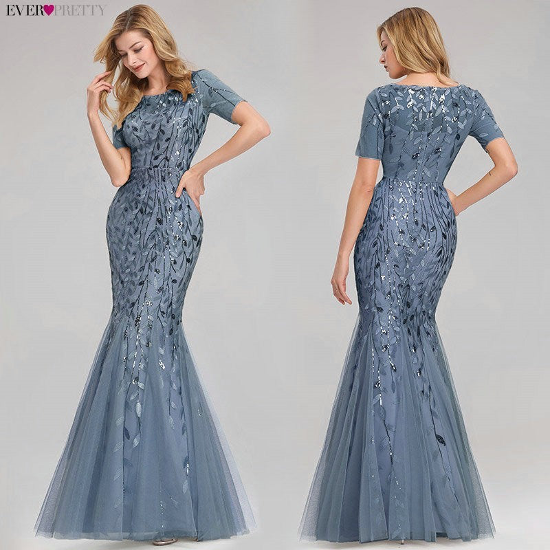 Women Prom Dress Short Sleeve Lace Appliques Tulle Mermaid Long Dress Party Gowns