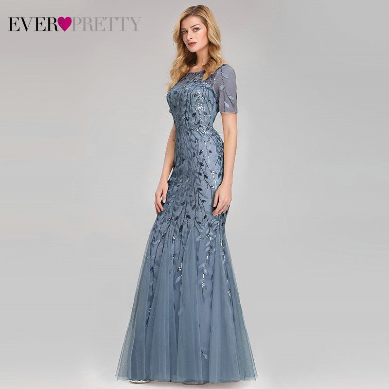 Women Prom Dress Short Sleeve Lace Appliques Tulle Mermaid Long Dress Party Gowns