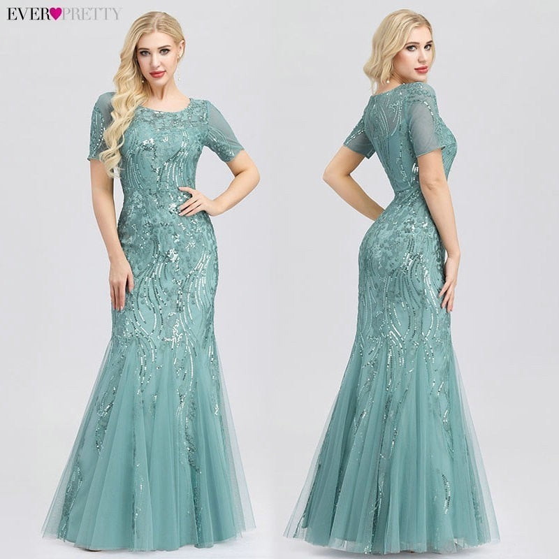 Women Prom Dress Short Sleeve Lace Appliques Tulle Mermaid Long Dress Party Gowns
