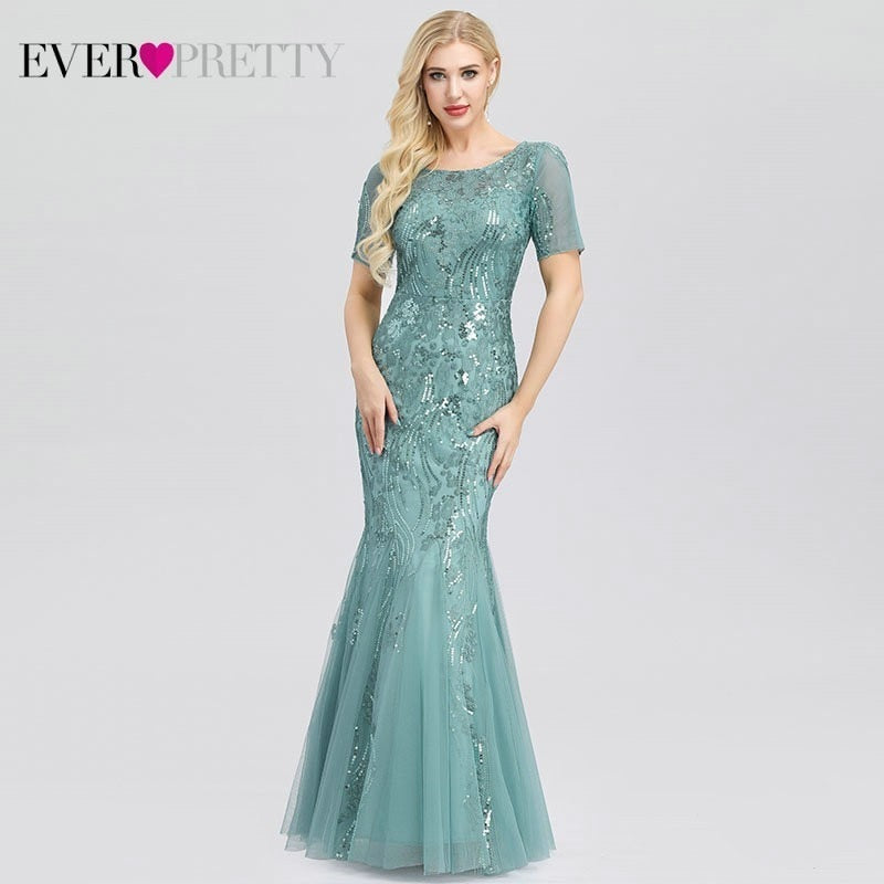 Women Prom Dress Short Sleeve Lace Appliques Tulle Mermaid Long Dress Party Gowns