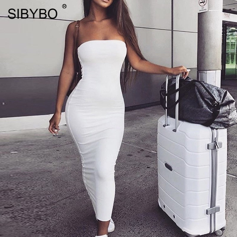 Off Shoulder Strapless Sexy Women Dress Sleeveless Straight Long Bodycon Dress