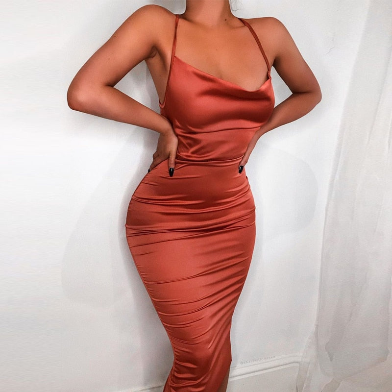 Neon satin lace up women bodycon long midi dress