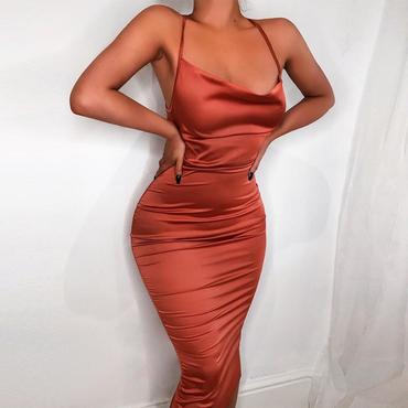 Neon satin lace up women bodycon long midi dress