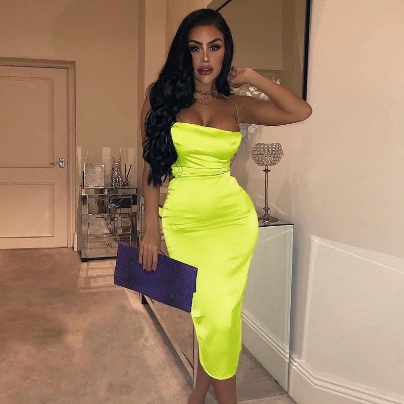 Neon satin lace up women bodycon long midi dress