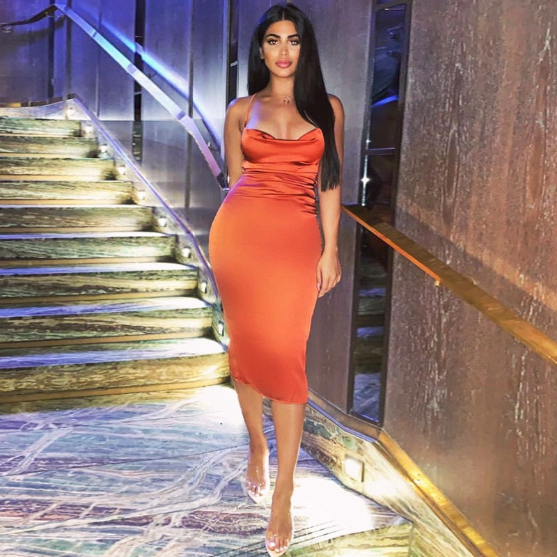 Neon satin lace up women bodycon long midi dress