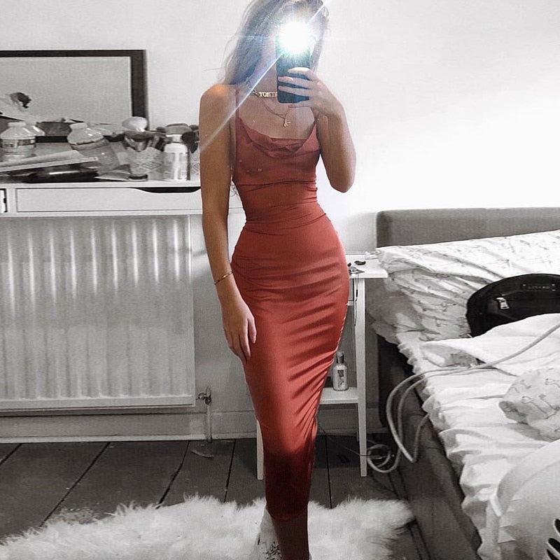 Neon satin lace up women bodycon long midi dress